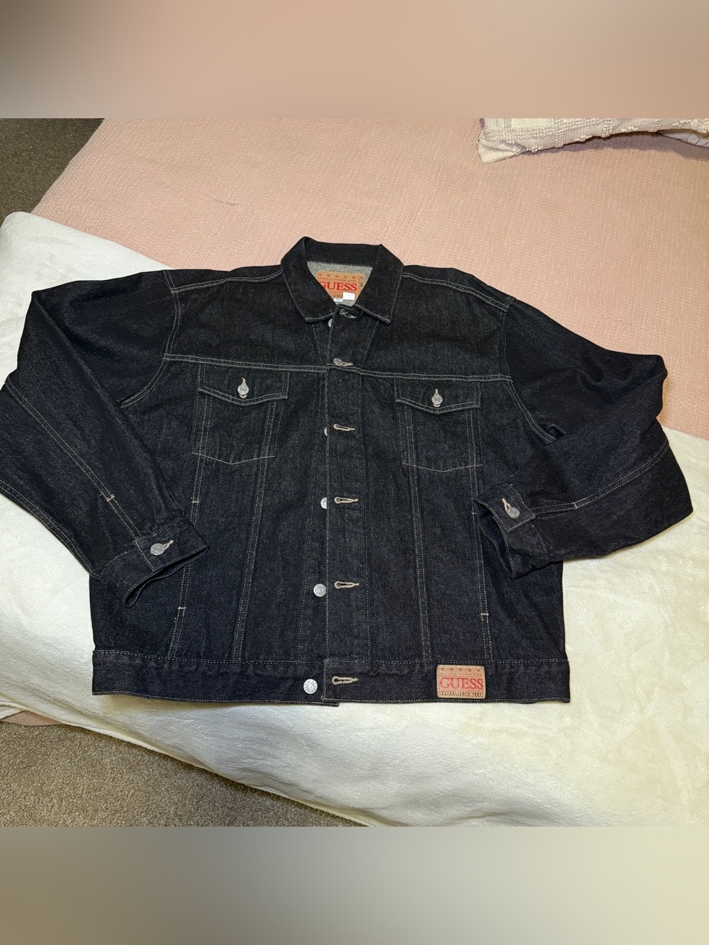 Vintage 90s GUESS Black Denim Trucker Jacket with Contrast Stitching